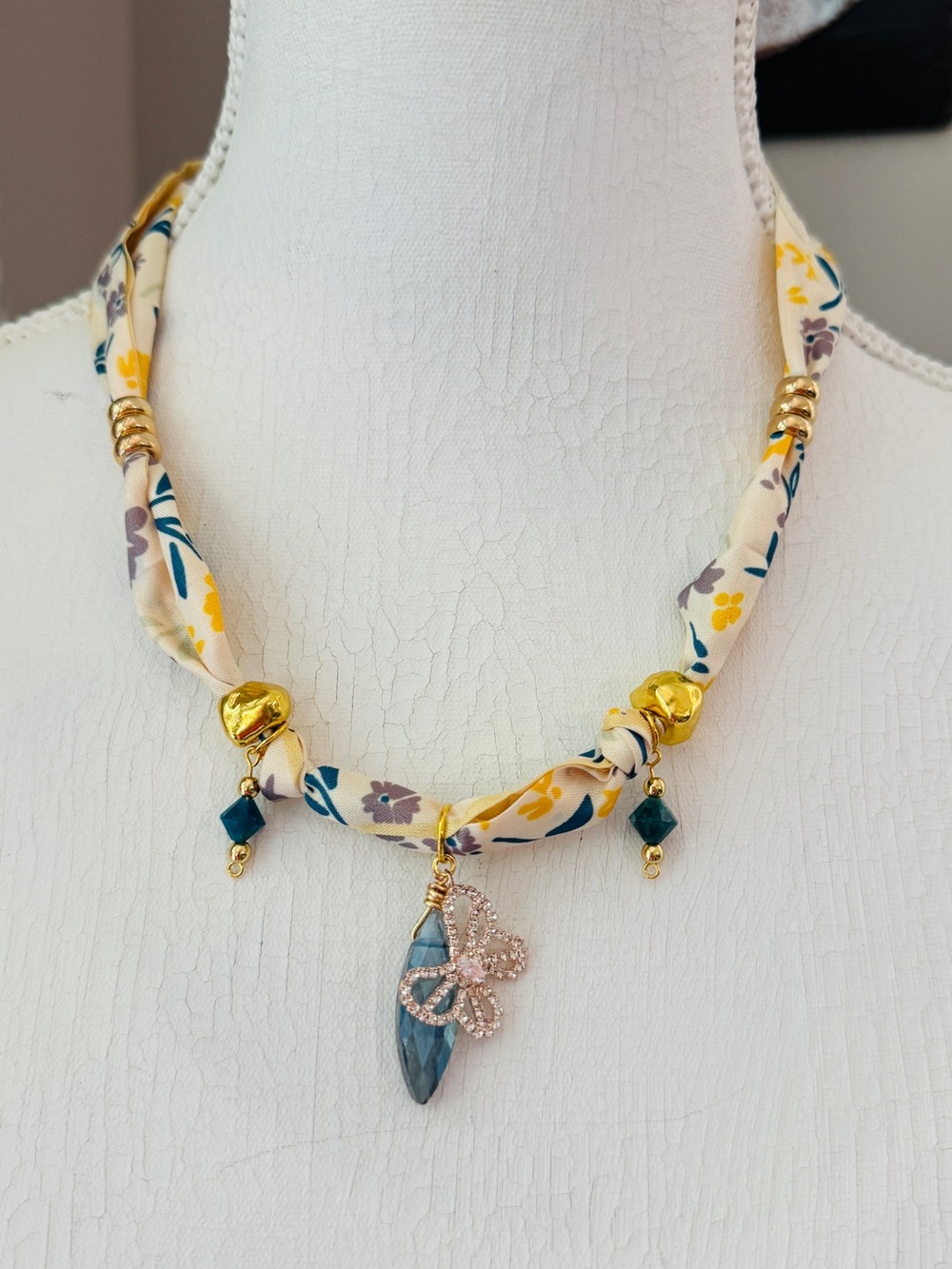 Floral Cream & Blue Fabric Pendant Necklace with Gold Accents